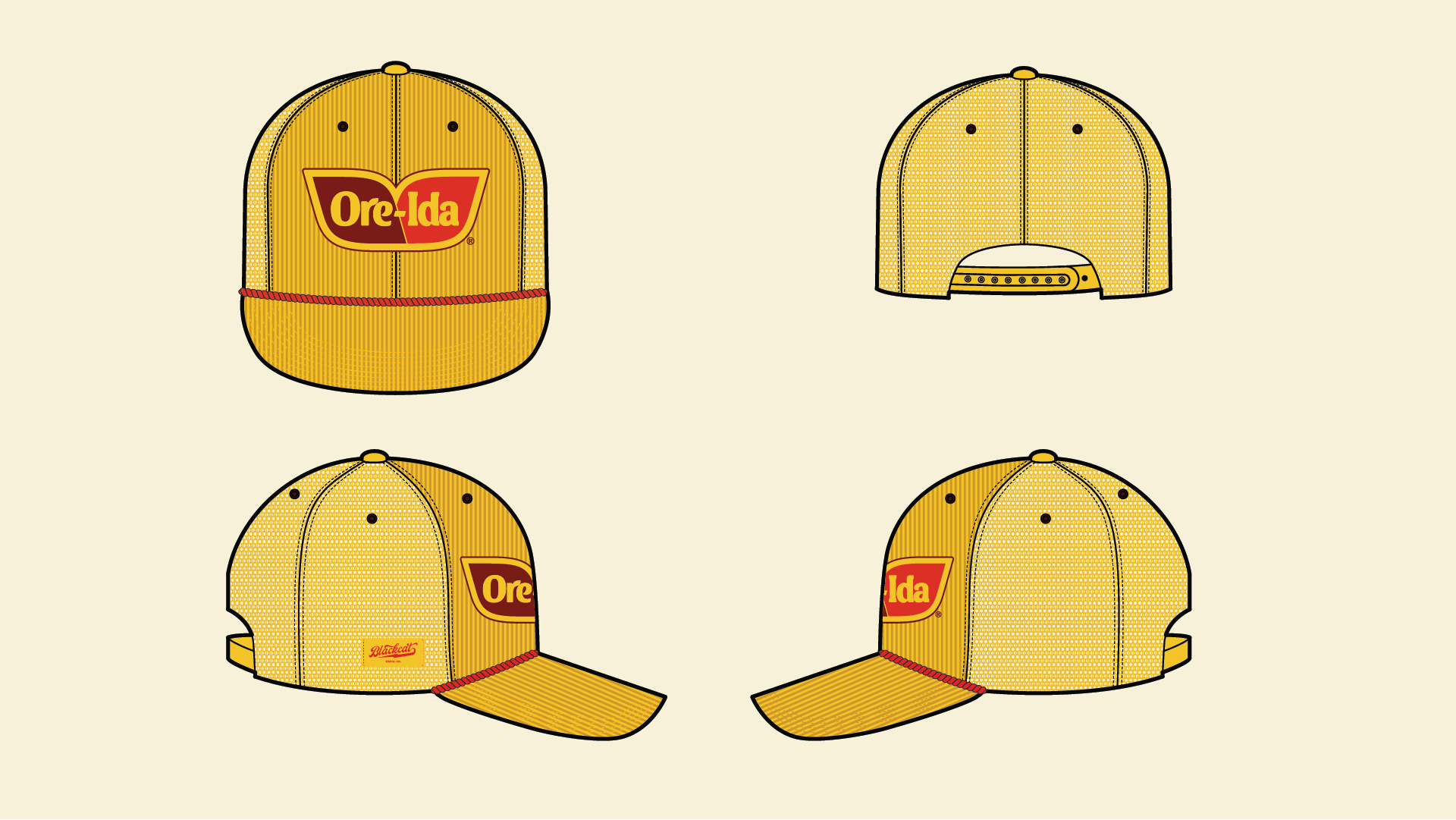 Four-view technical flat of the refreshed Ore-Ida trucker hat — front, back, and both side profiles in yellow corduroy with mesh back, rope cord, and the modern patch