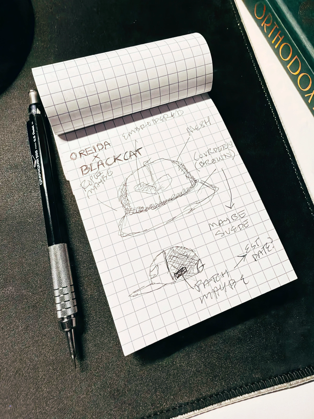 Graph-paper concept sketch of the refreshed Ore-Ida hat, marking corduroy front, mesh back, rope cord, and embroidered patch