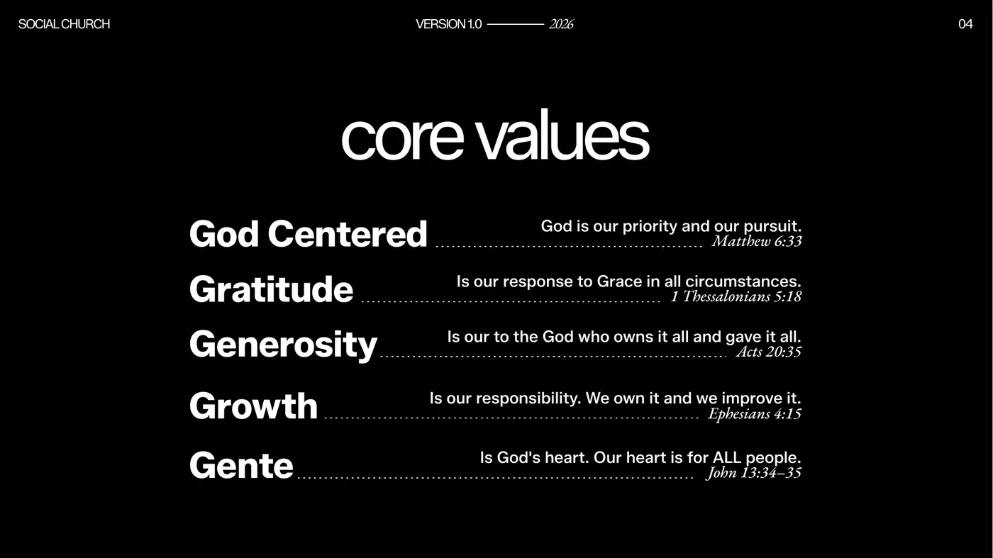 Social Church brand manual — core values